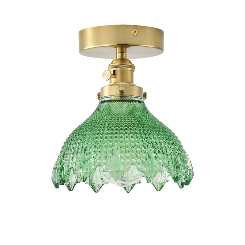 Vintage Green Glass 1-Light Semi Flush Mount Ceiling Light with Brass Finish