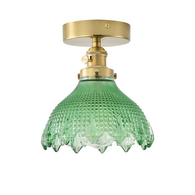 Vintage Green Glass 1-Light Semi Flush Mount Ceiling Light with Brass Finish
