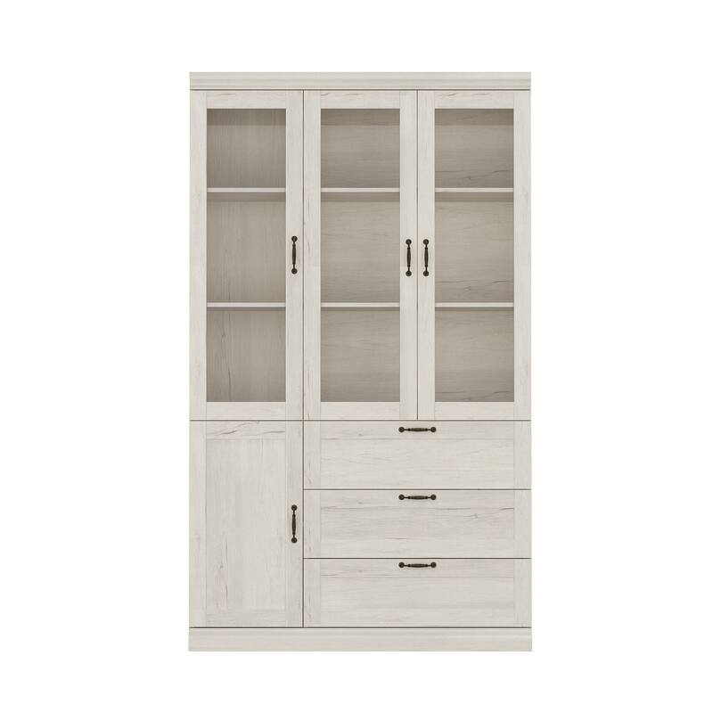Bookcase Cabinet with Glass Doors and Drawers Multi-Purpose Storage Display Hutch for Living Room or Dining Room