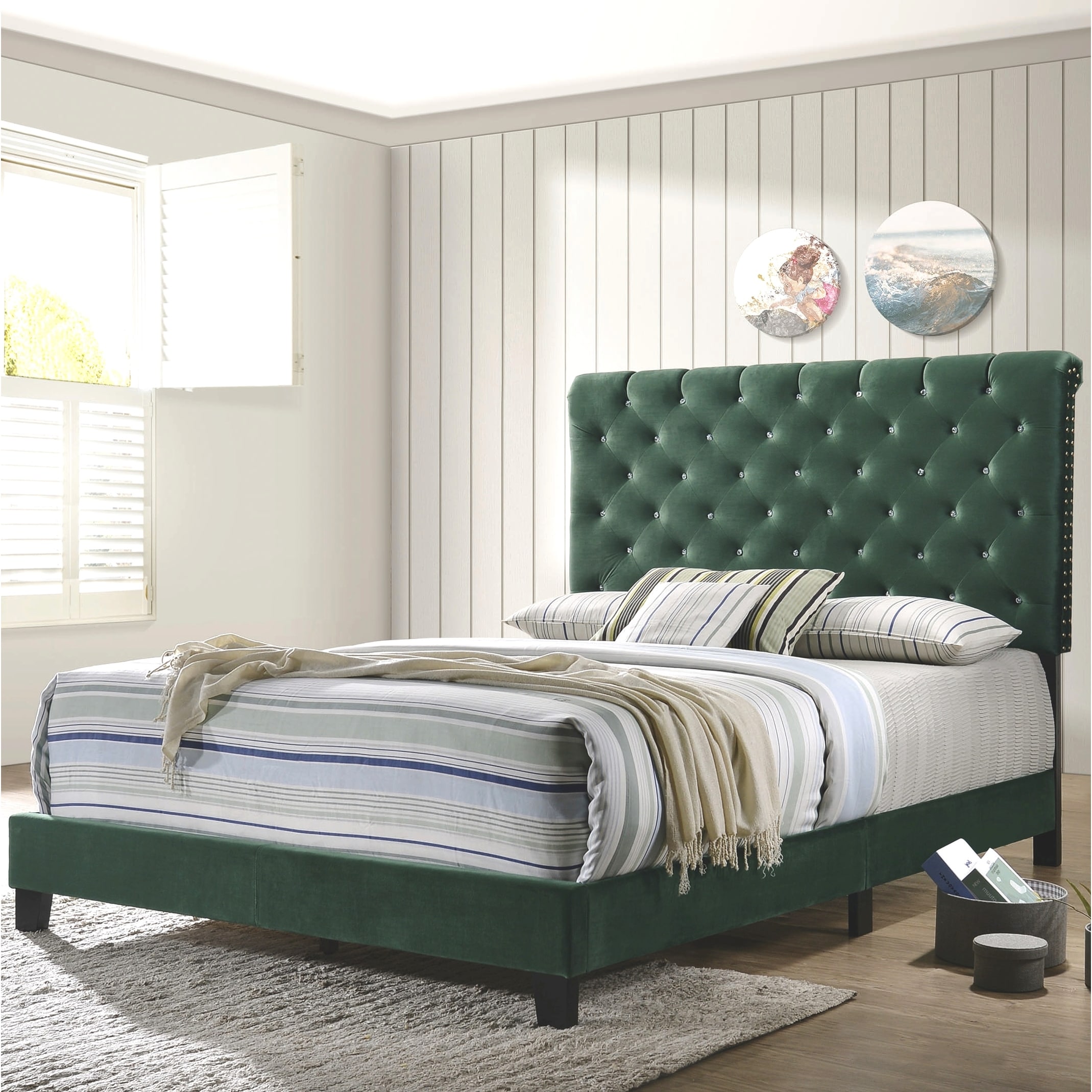 Green velvet tufted headboard