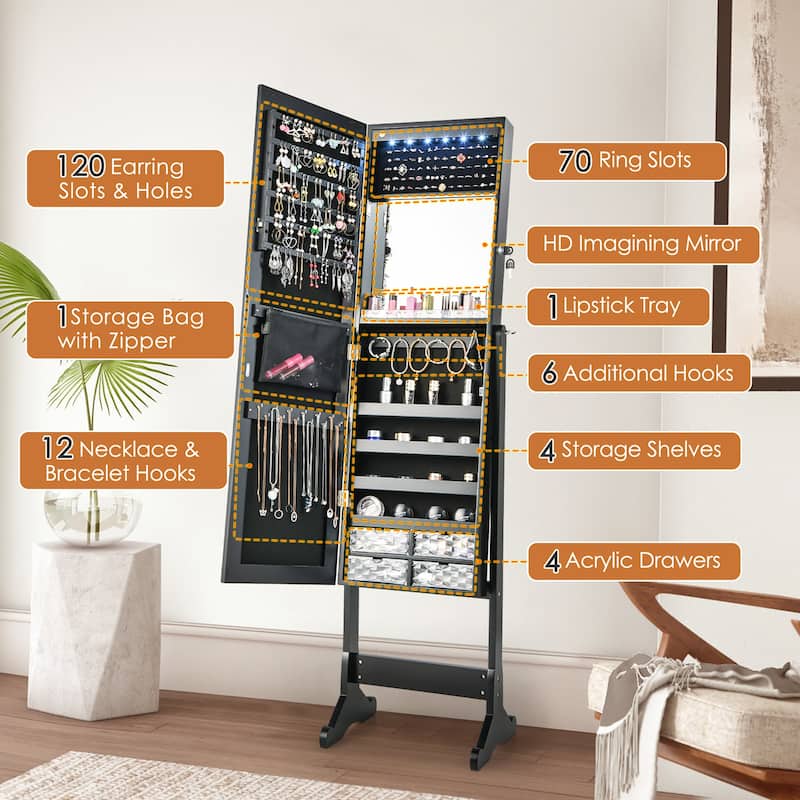 Costway Jewelry Cabinet Armoire Full Length Frameless Mirror Lockable - See Details