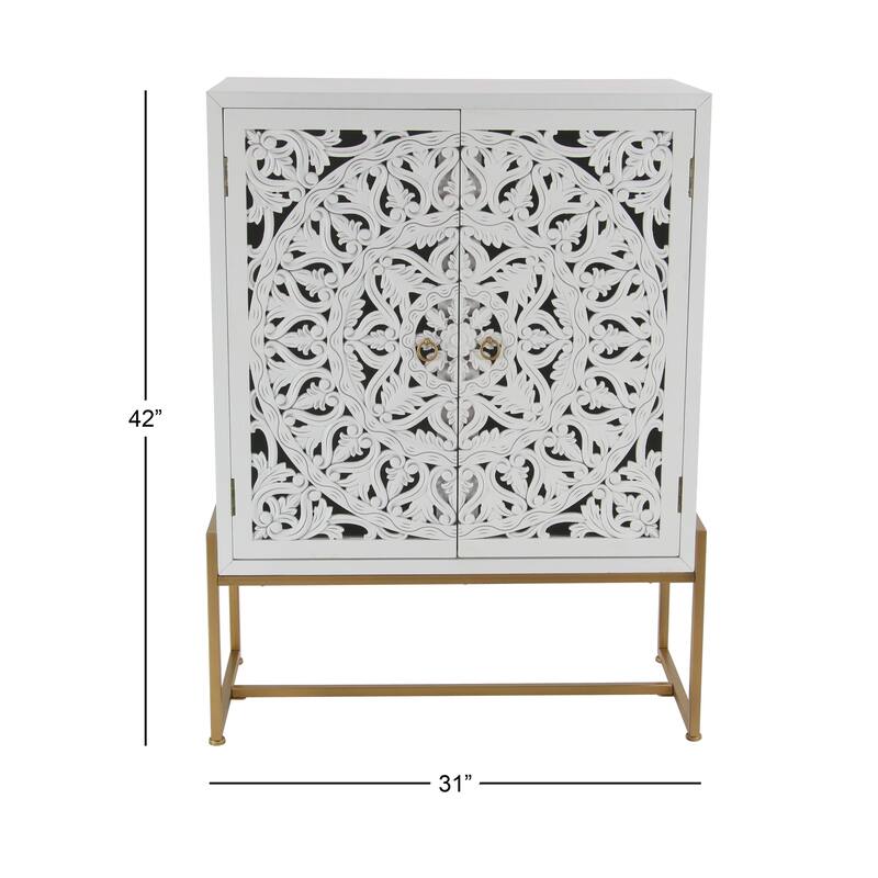Wood Floral Intricately Carved 1 Shelf and 2 Doors Room Cabinet - White - Roche River Decor