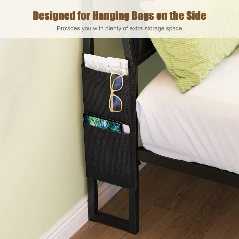 Rustic Platform Bed with 105-Degree Tilted Upholstered Headboard, Charging Station & LED Lights, Noise-Free Metal Bed Frame