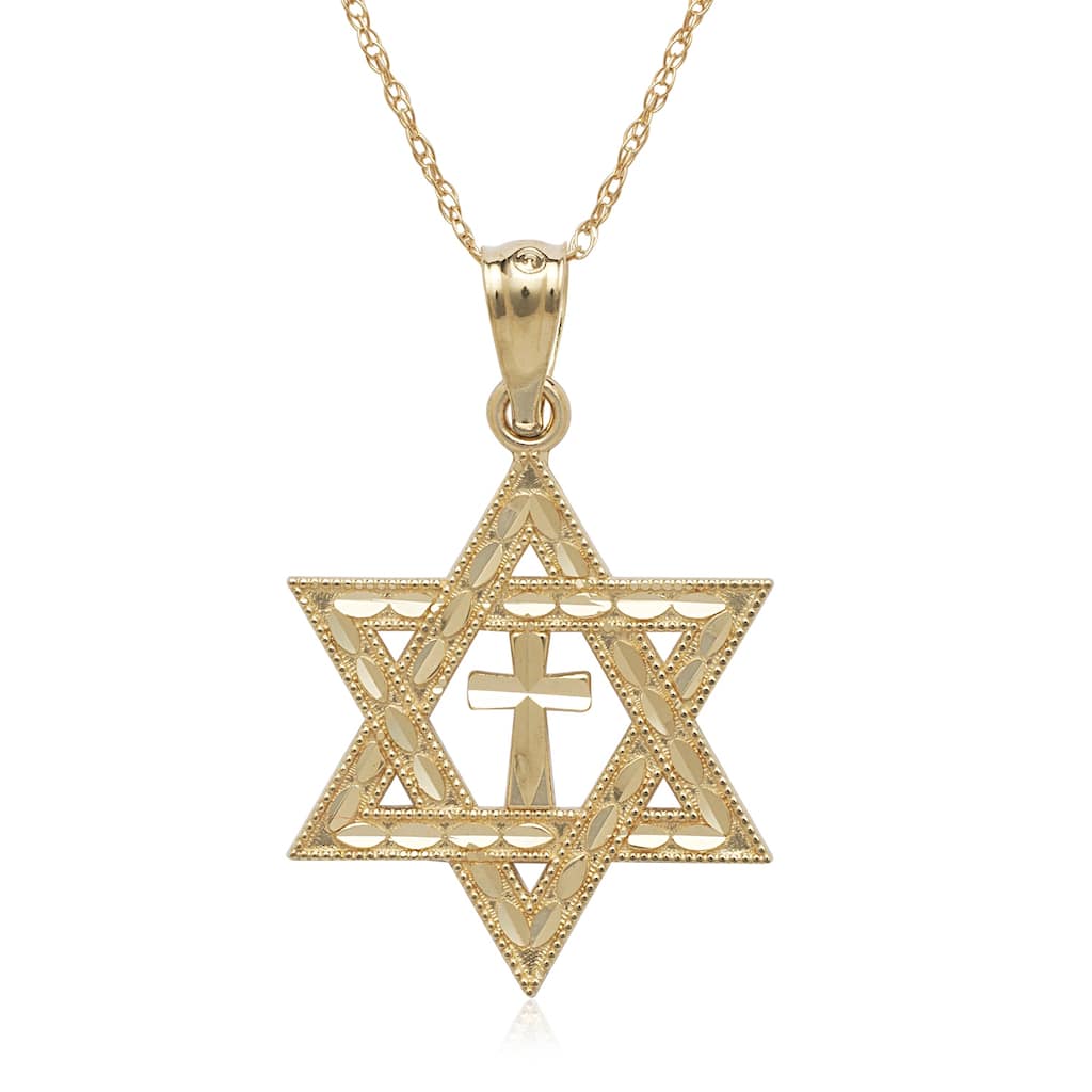 Curata 14k Yellow Gold 18" 22x16mm Messianic Textured Star of David With Cross Necklace