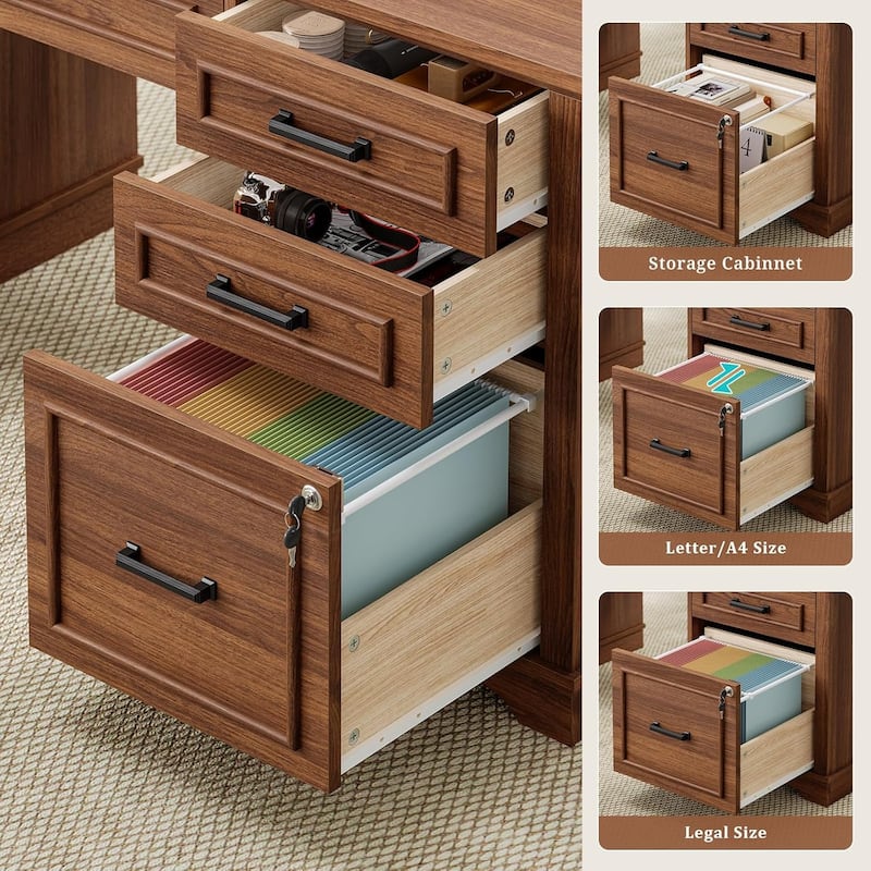 Executive Desk with Drawers Computer Desk File Drawers Power Outlet LED Lights Storage Cabinet