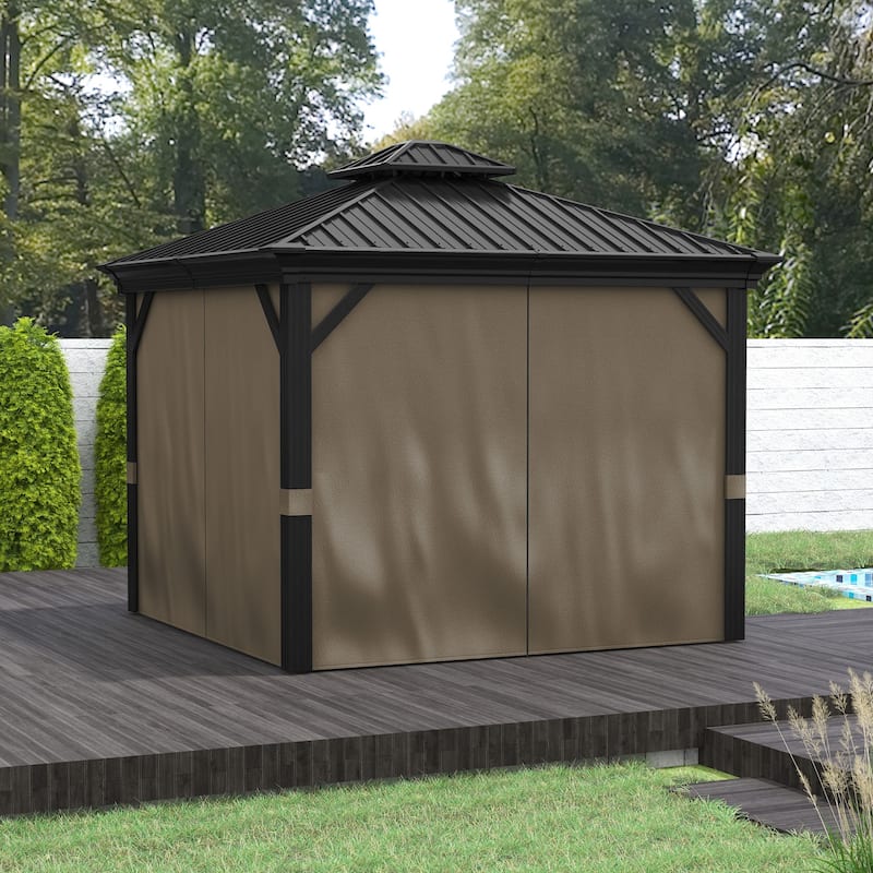 Outsunny 10' x 10' Hardtop Gazebo with Curtains and Netting, Permanent Pavilion Metal Double Roof Gazebo Canopy with Aluminum
