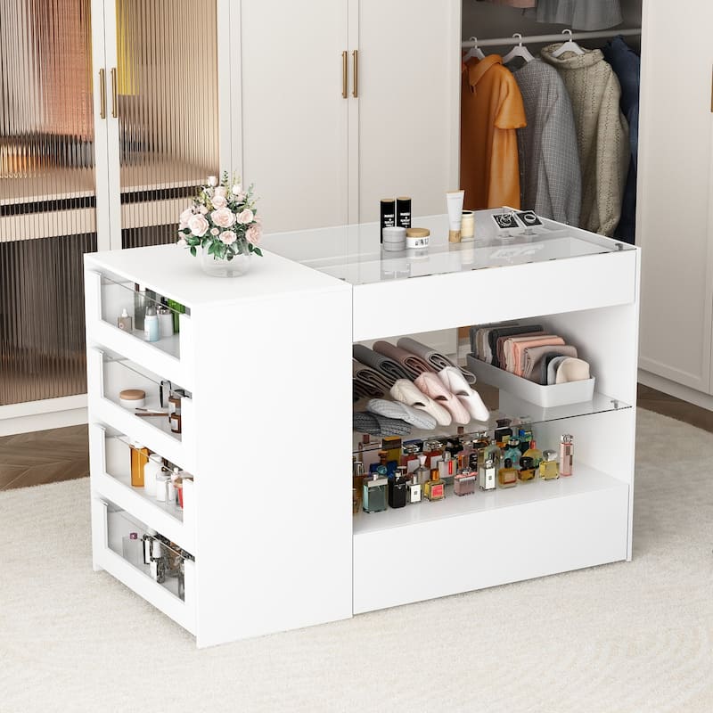 Glass-Drawer Buffet Island White Storage Unit for Any Room Closet - 47.2"x23.6"