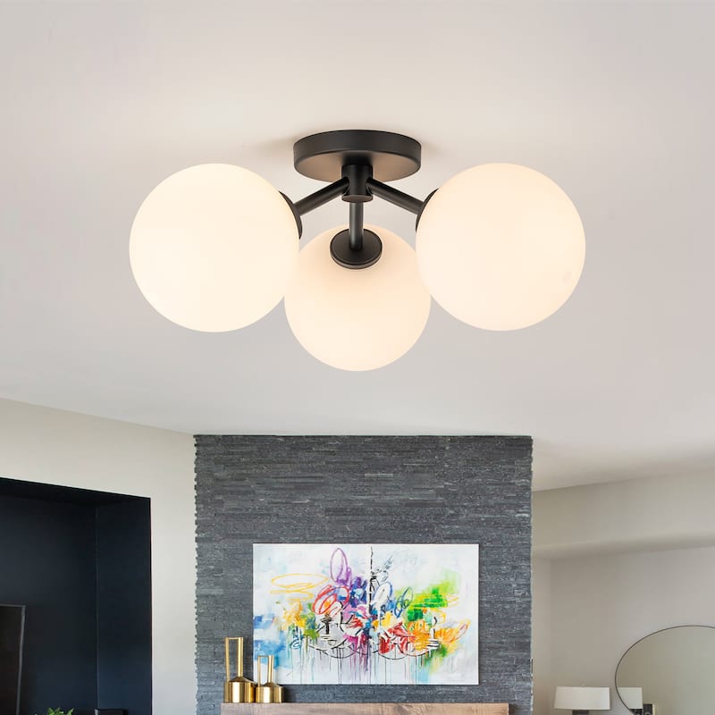 Modern 3-Light 18" W Semi Flush Mount With Opal Glass Shade - 18.12 in. - Black
