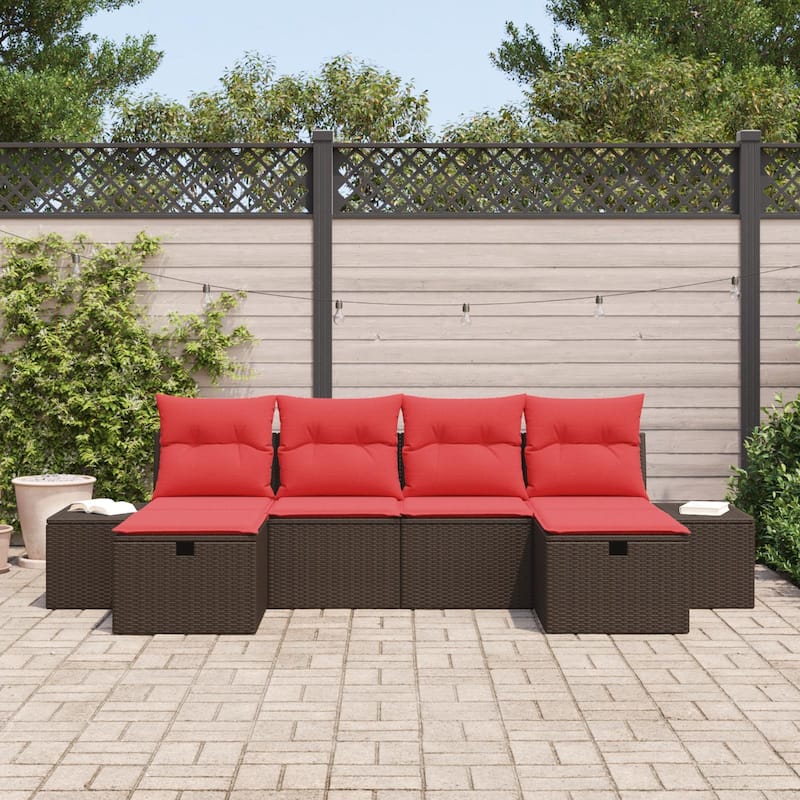 vidaXL 6 Garden Sofa Set with Cushions Brown/Grey Poly Rattan - 115.8 x 46.1 x 27.2