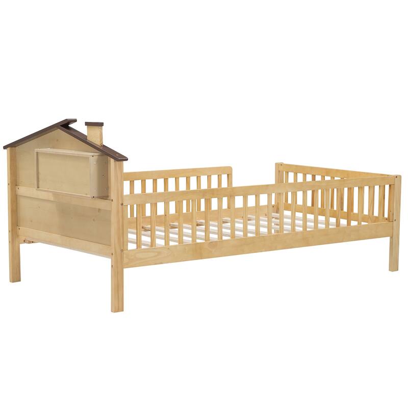 Wood Platform Bed with House-shaped Headboard and Built-in Storage