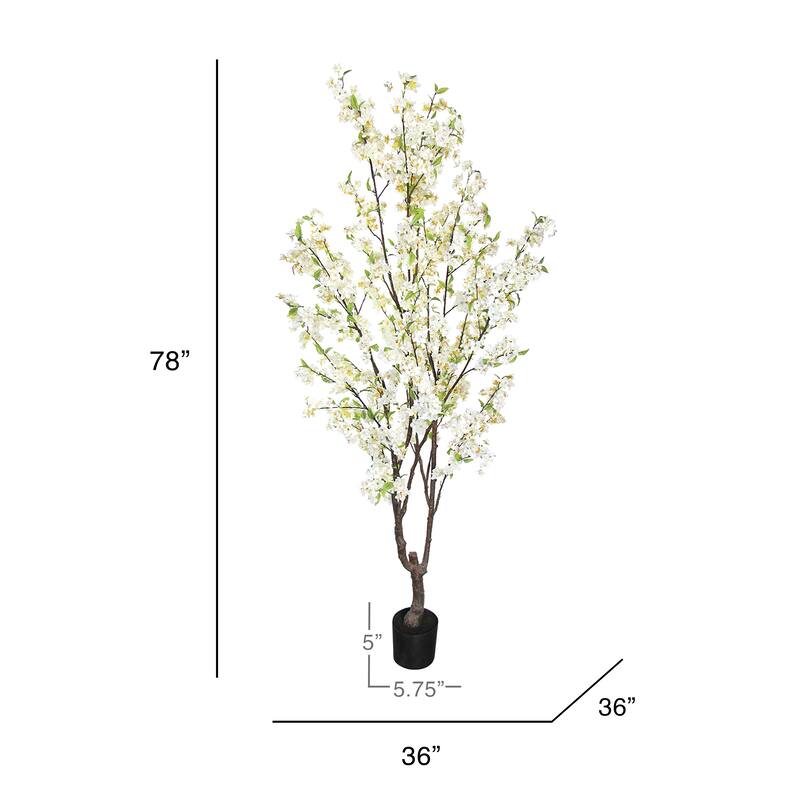 6.5ft Cream White Artificial Cherry Blossom Flower Tree Plant in Black Pot - 78" H x 36" W x 36" DP