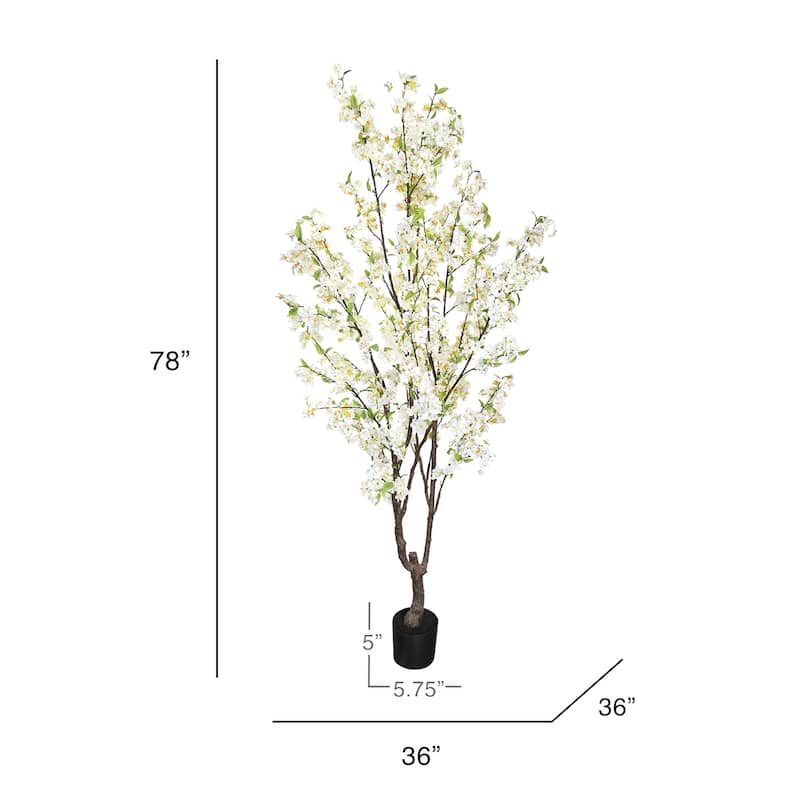 6.5ft Cream White Artificial Cherry Blossom Flower Tree Plant in Black Pot - 78" H x 36" W x 36" DP
