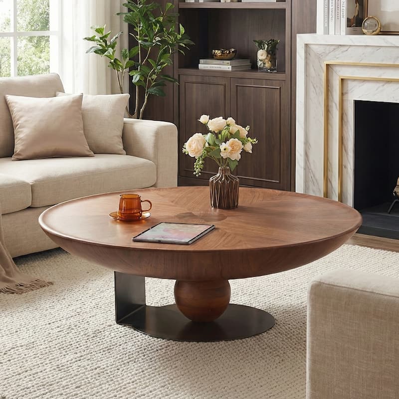 Modern Round Coffee Table with Walnut Finish MDF Top & Stainless Steel Base