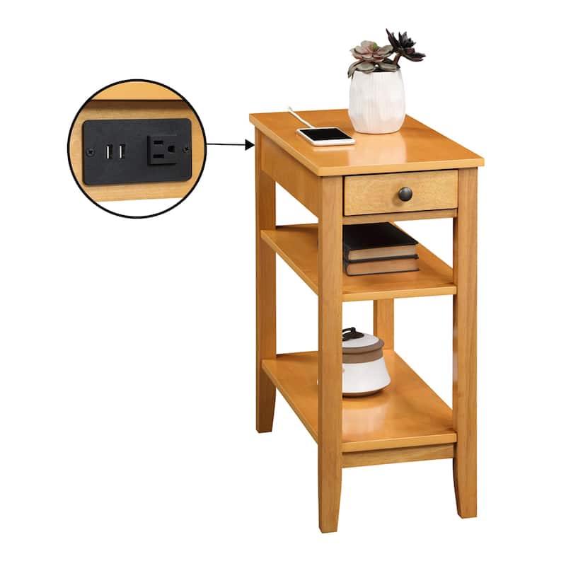 Chairside End Table with One Drawer, USB Ports, Plug Outlet and Shelves, Functional Storage Side Table with Charging Station