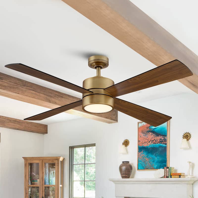 Parrot Uncle 52" Antique Brass Wood 4-Blade Indoor Ceiling Fan with Light and Remote