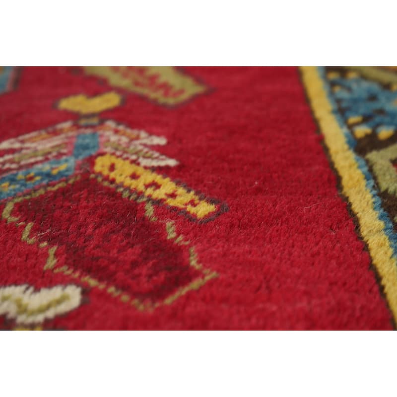 Hand Knotted Oriental 100% Wool Carpet Traditional Geometric Red Karabagh Runner Rug - 12' 0'' X 3' 7''