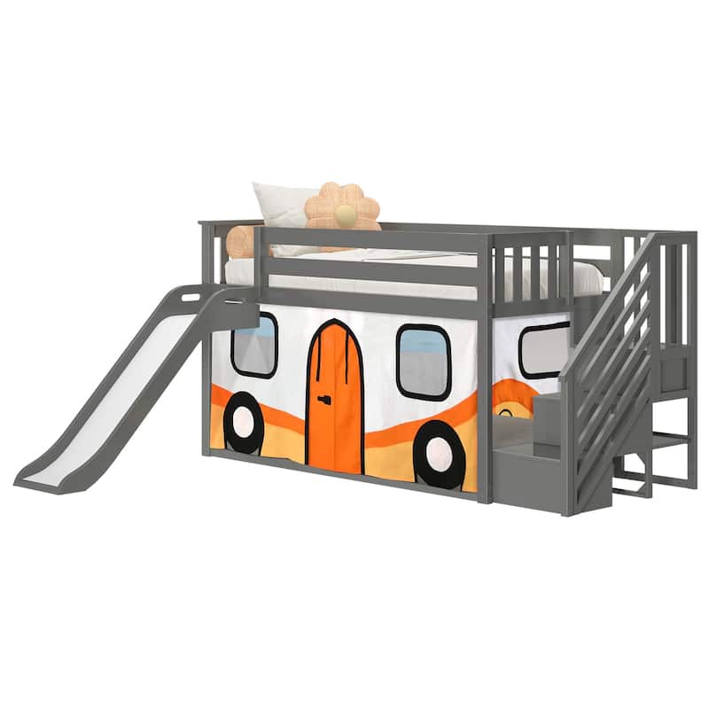 Max and Lily Classic Low Bunk with Stairs, Easy Slide and Curtain