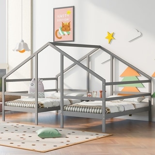 Double Twin Size Triangular House Kids Beds Frame with Built-in Table, Grey