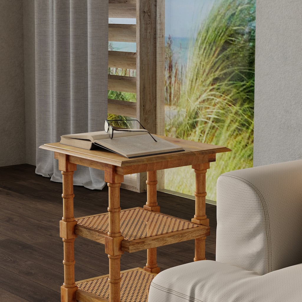 Carolina Living Chesterfield Wood & Cane 3 Shelf Side Table - Natural