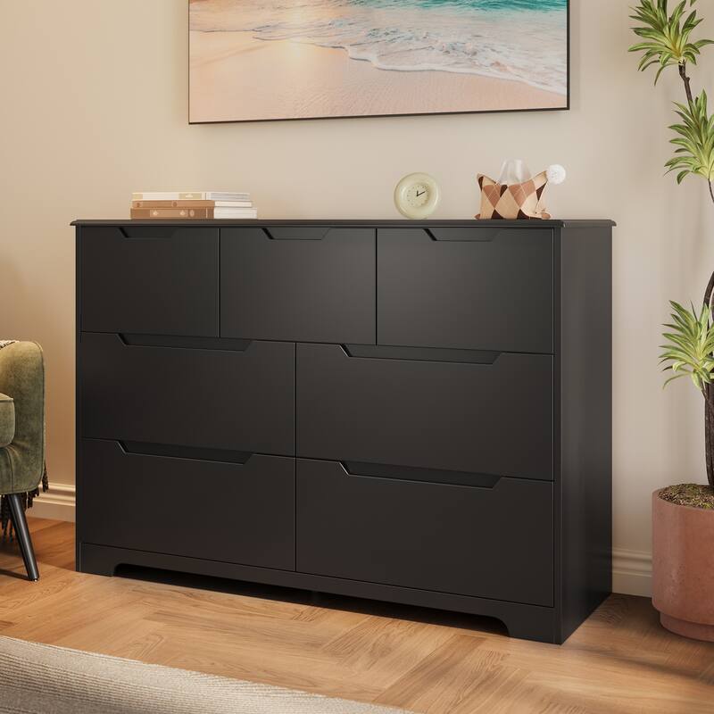 7 Dresser Storage Drawer Units Chest Of Drawers, Dresser With Recessed Distinctive Handles - Black