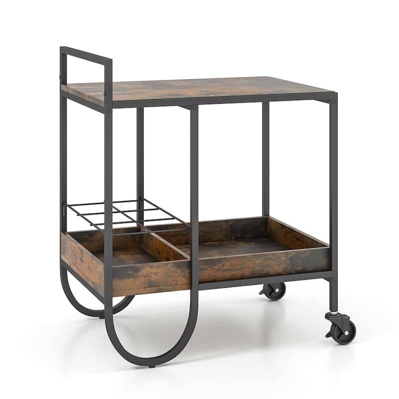 Rolling Buffet Serving Cart with Removable Metal Wire Wine Rack-Brown - 24" x 17" x 29" (L x W x H) - Brown