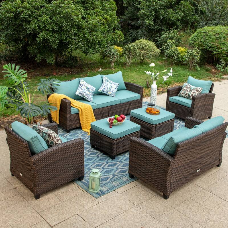 9-Seat Patio Furniture Wicker Rattan Outdoor High-back Sectional Sofa Conversation Set with Firepit Table