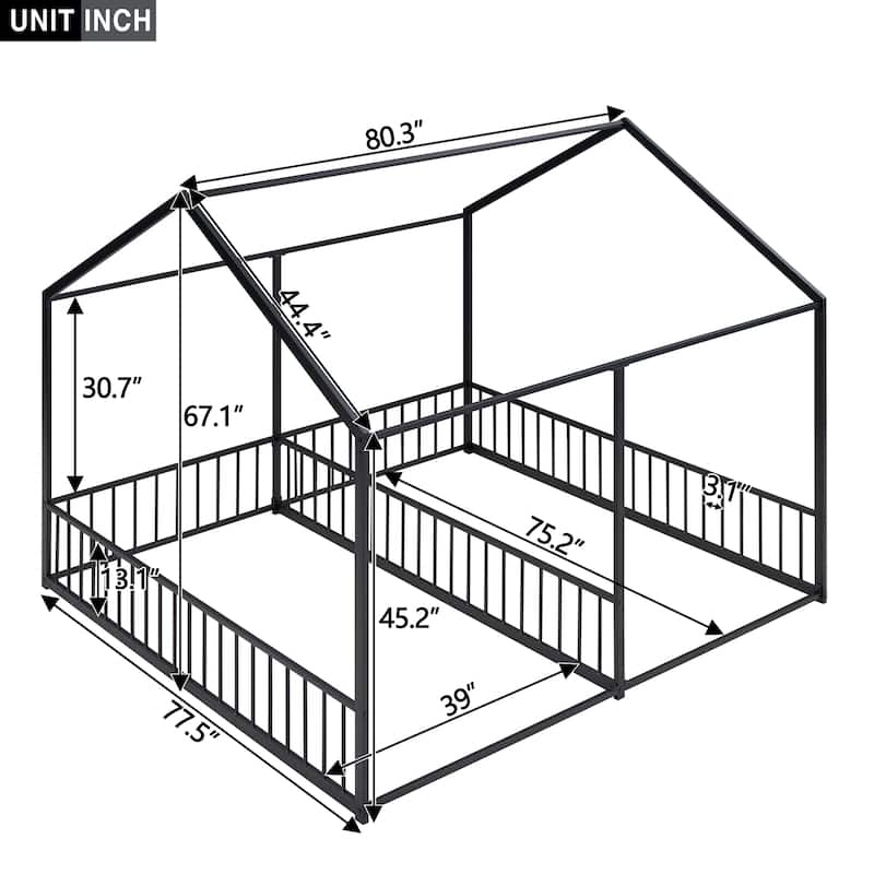 Twin House Platform Beds for 2 Kids, Double Shared Size Kids Beds, Metal Floor Bed Frame for