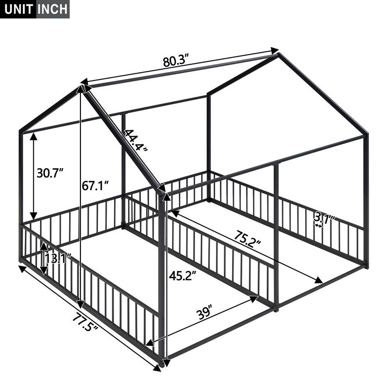 Twin Size Metal House Platform Bed with Roof, Windows, and Guardrails, 2-in-1 Bed Design, Easy Assembly