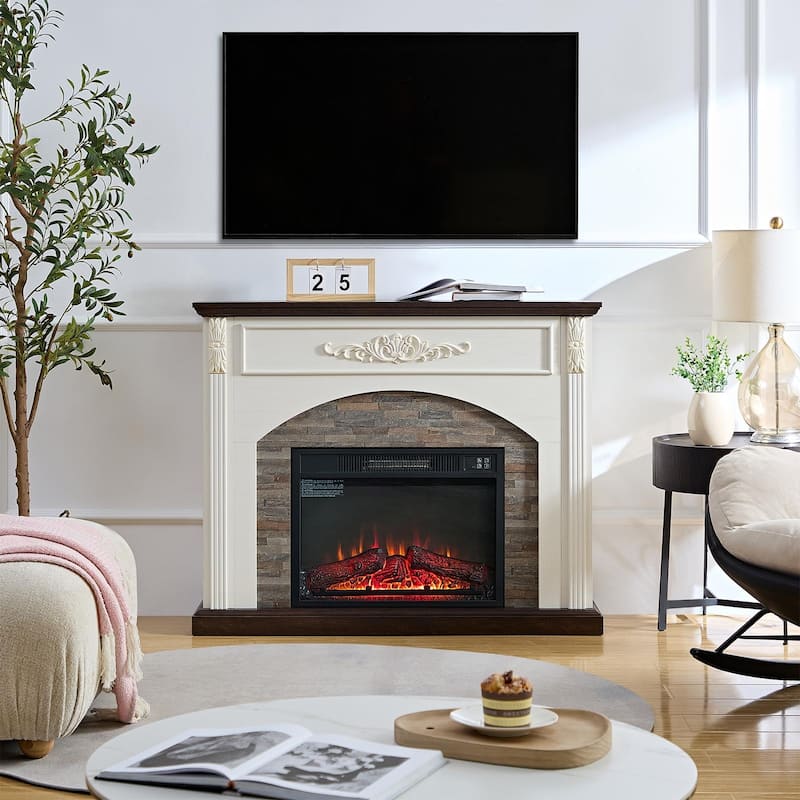78 inch Electric Fireplace Mantel Fireplace TV Stand Entertainment Center with 30 inch Fireplace Insert Heater and Storage