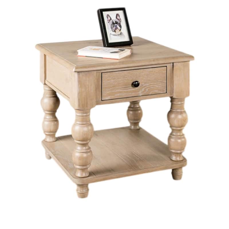 Cherie Square End Table, 1 Drawer, Shelf, Light White Wash, 24 Inch