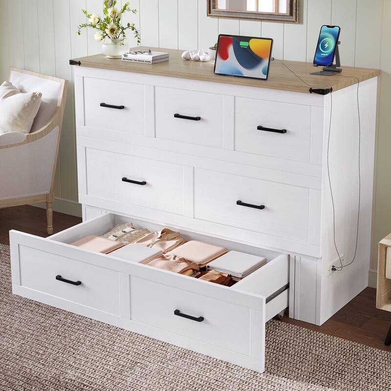 Full Size Foldable Platform Bed with Charging Station and Storage Drawer, White