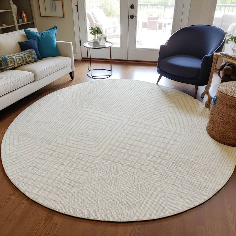 Machine Washable Indoor/ Outdoor Geo Patchwork Chantille Rug - Ivory - 8' x 8'