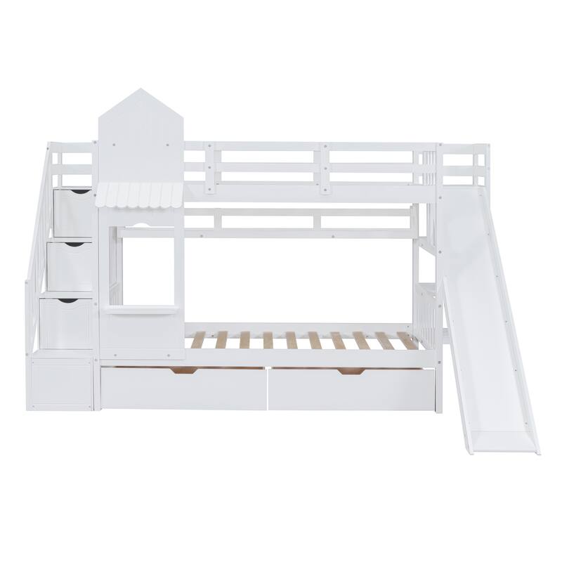 Full-Over-Full Castle Bunk Bed with 2 Drawers Shelves and Slide, Fairytale-Like Atmosphere for Your Lovely Litter Princess