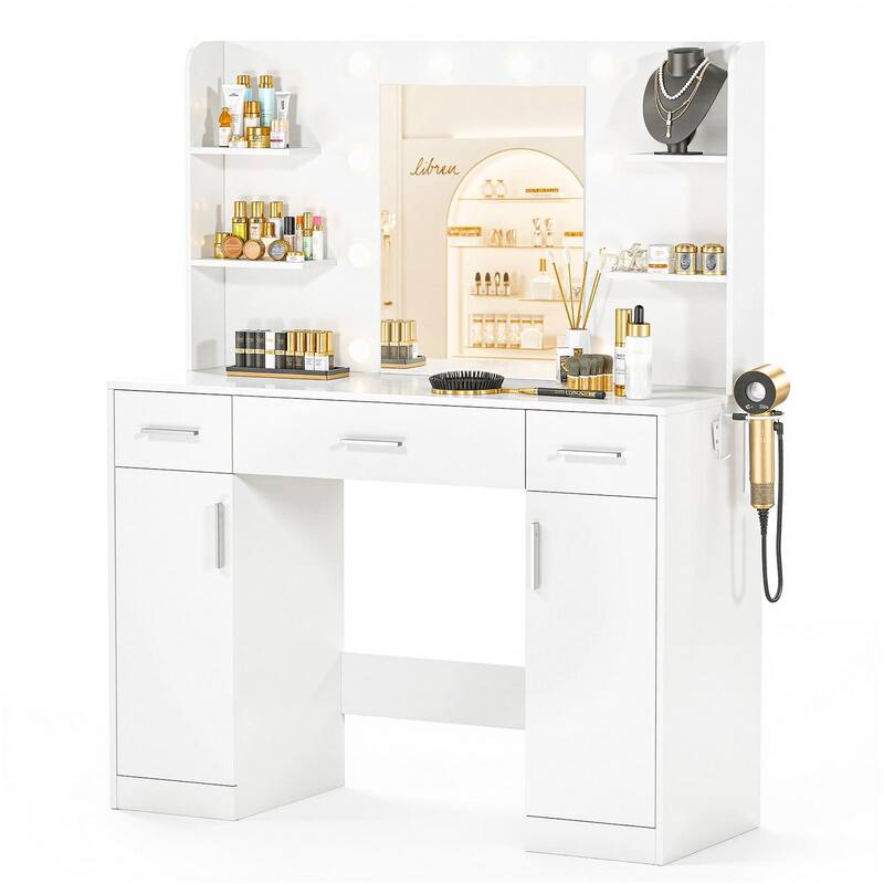 Rossetta Adjustable-Brightness Large LED Mirror Dressing Table with 3 Drawers, Plus Built-in Outlet & Hair Dryer Holder