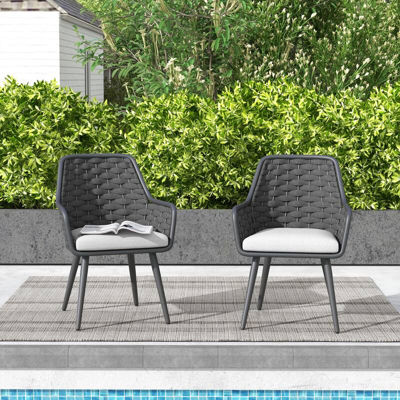 Outdoor 2-Piece Metal Arm Dining Chairs With Cushions