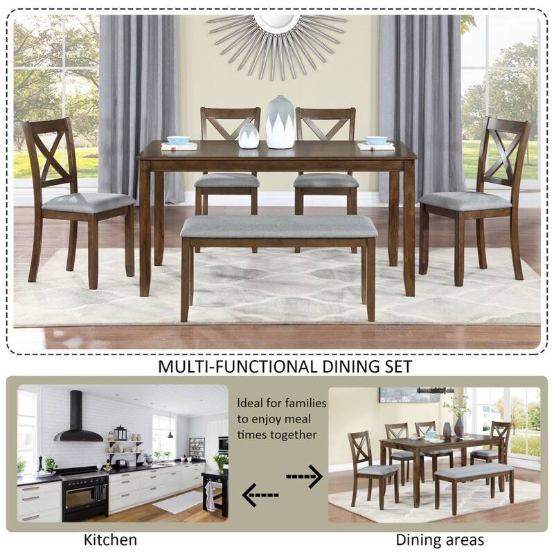 6 Piece Kitchen Dining Set, Rectangular Wooden Dining Table with 4 Upholstered Chairs and a Bench