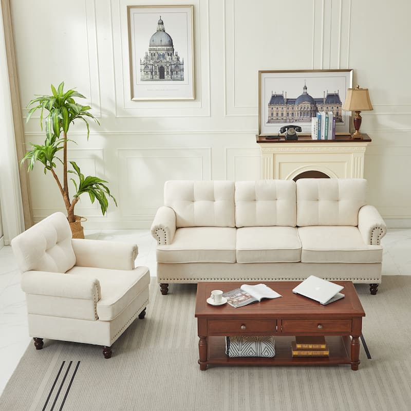 Set of 2 Pieces, A 3-seat Sofa and An Armchair, Chenille Sofa Set for Living Room