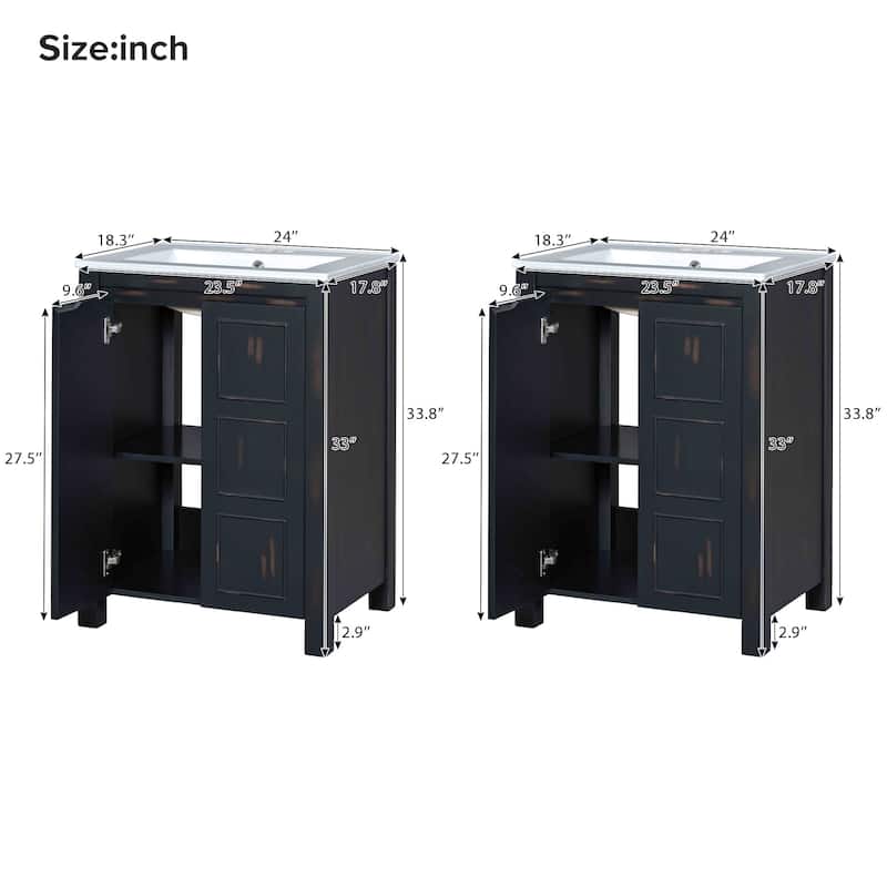 Freestanding Bathroom Vanity Set of 2, Weathered Texture Storage Cabinets with Ceramic Sinks, Storage Shelf and Soft Close Doors