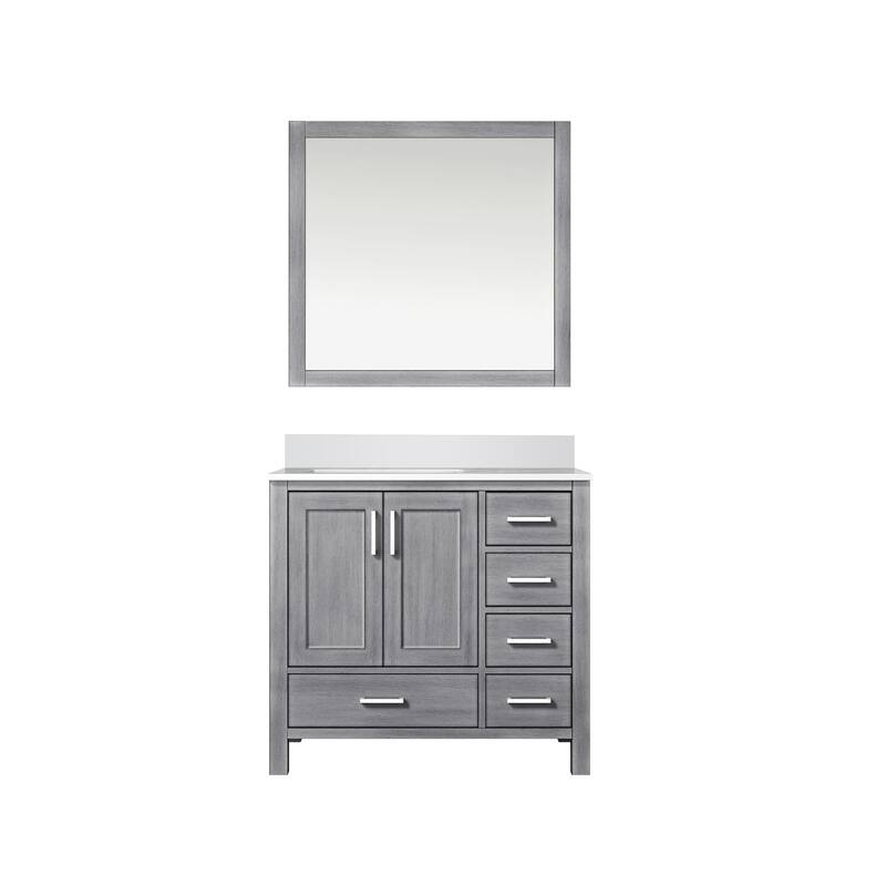 Jacques 36 in. W x 22 in. D Left Offset Distressed Grey Bath Vanity, White Quartz Top, and 34 in. Mirror