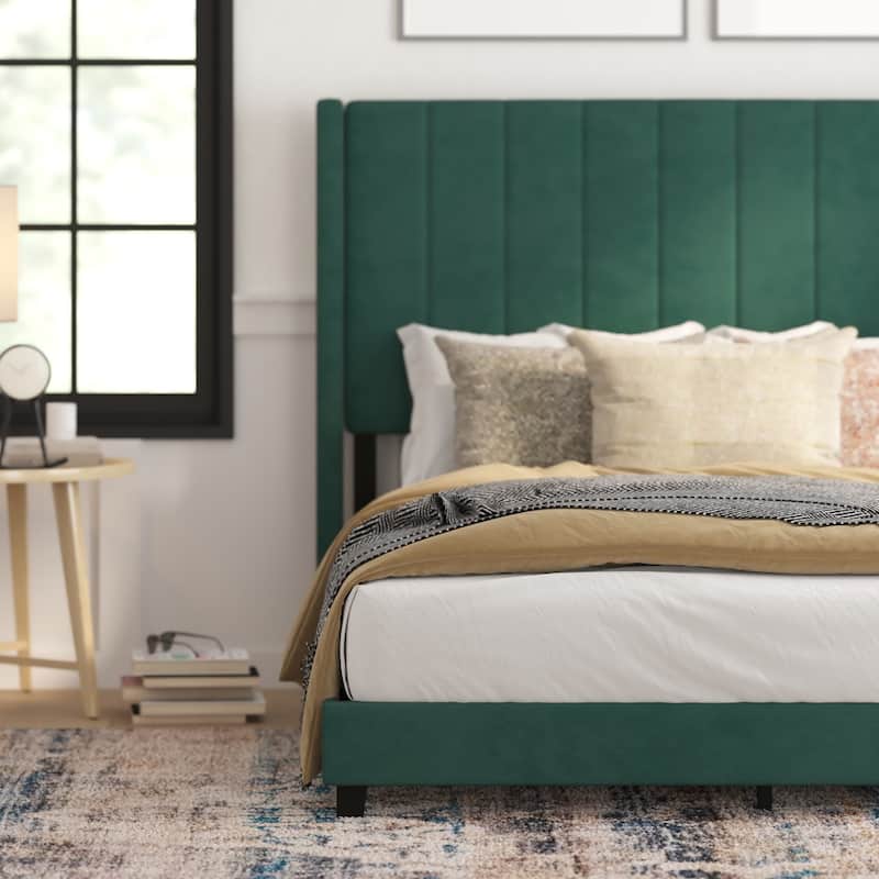 Upholstered Platform Bed with Wingback Headboard
