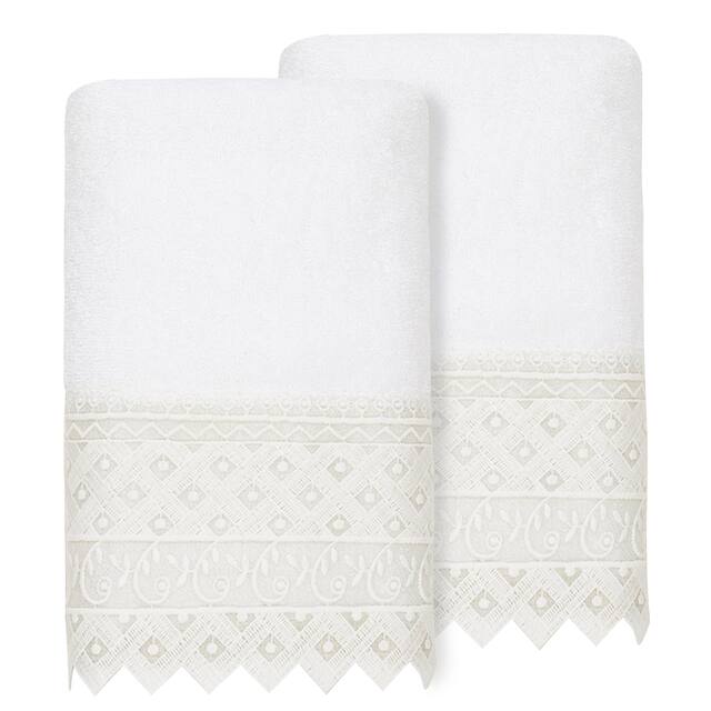 Authentic Hotel and Spa 100% Turkish Cotton Aiden 2PC White Lace Embellished Hand Towel Set - White