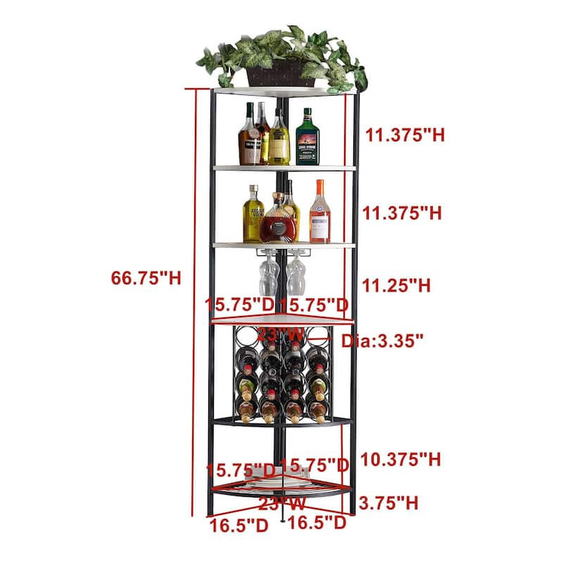 Corner Wine Rack with 4 Wood Shelves, 2 Stemware Racks and Wire Wine Rack