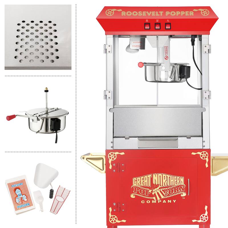 Popcorn Machine with Cart – 8oz Popper with Stainless-steel Kettle by Great Northern Popcorn (Red)