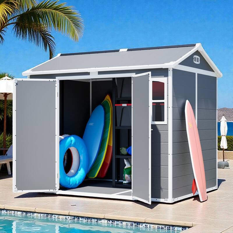 8x6 ft Plastic Utility Storage Shed with Floor, Lockable Garden Tool Shed for Backyard and Trash Bins