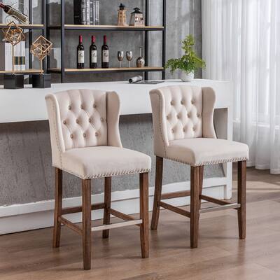 Modern Bar Stools Set of 2 Upholstered 27" Barstools Wingback Breakfast Chairs & Nailhead-Trim & Tufted Back Bar Chairs