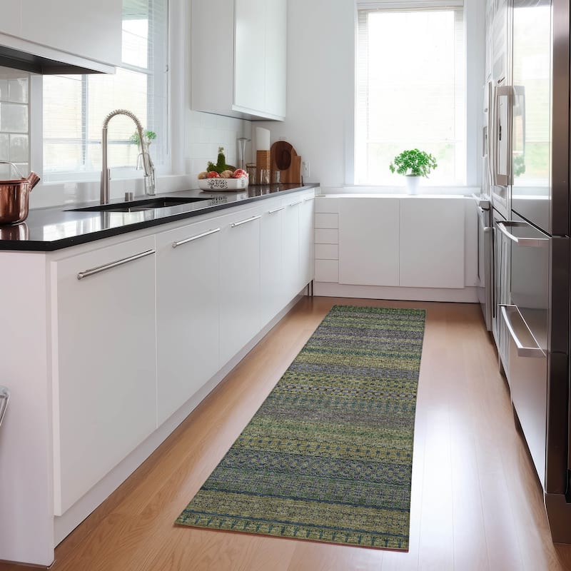 Machine Washable Indoor/ Outdoor Moroccan Stripes Chantille Rug - Olive - 2'3" x 7'6"