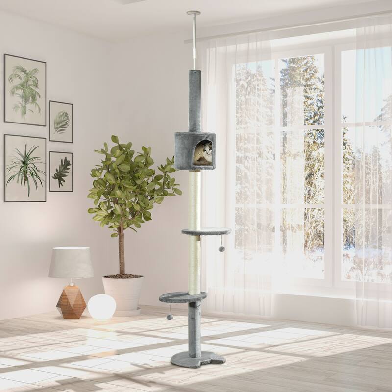 PawHut 85.5" Cat Tree Height Adjustable Floor-to-Ceiling 4-Tier Kitty Climbing Activity Center Condo Cat Toy