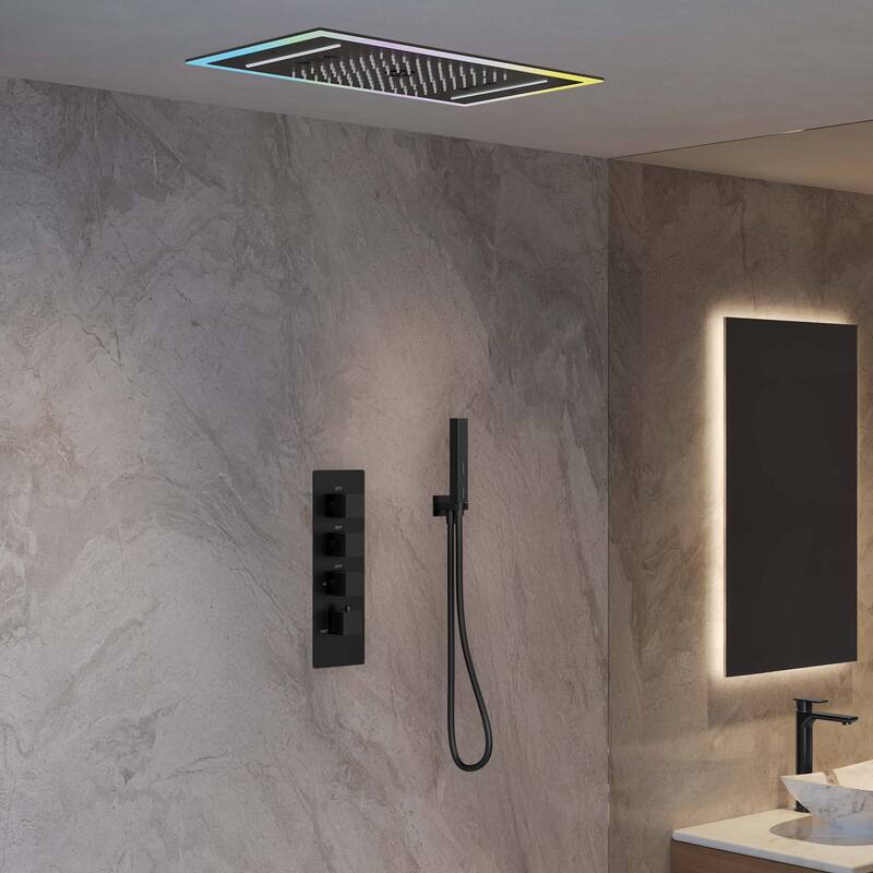 GRANDJOY Thermostatic Triple-Function LED Rain and Waterfall Shower System with Handheld and Built-In Music