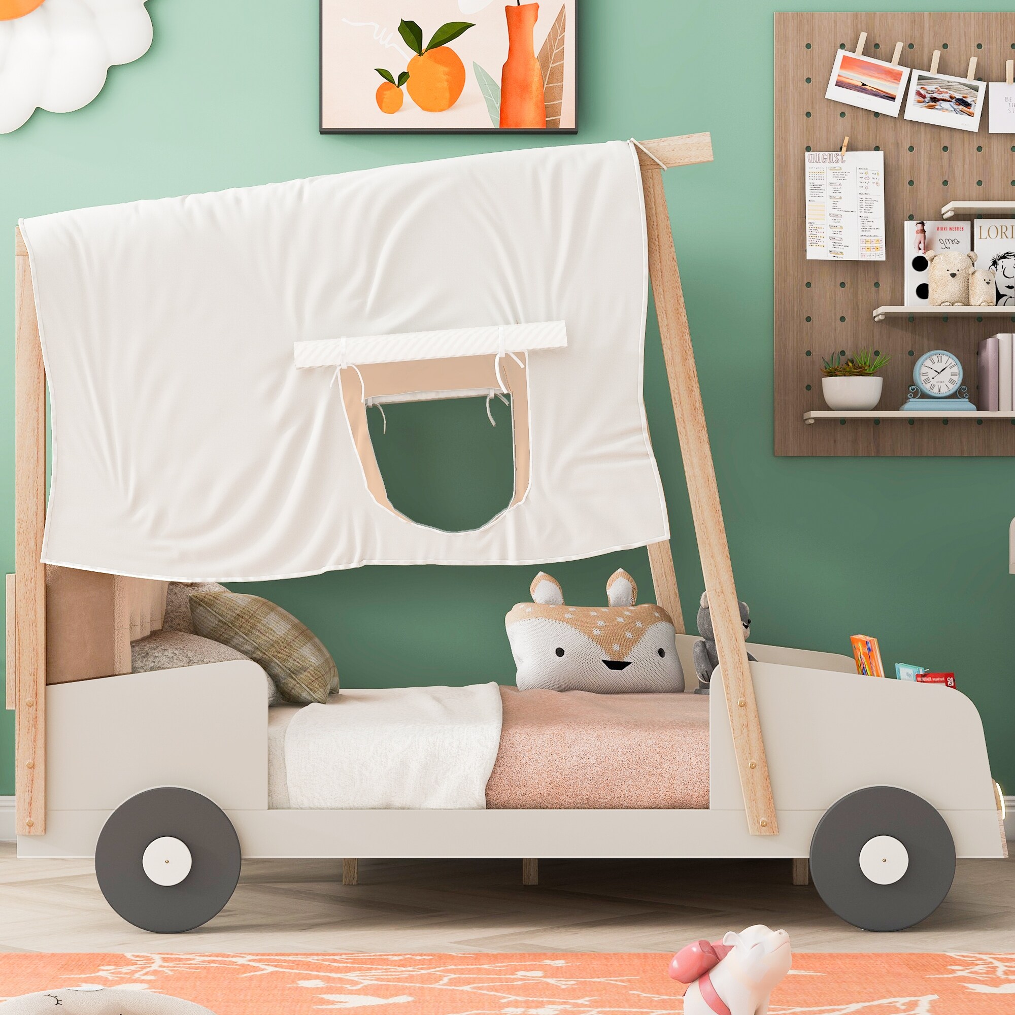 Wooden Car Bed with Pillow Ceiling Cloth and LED Full