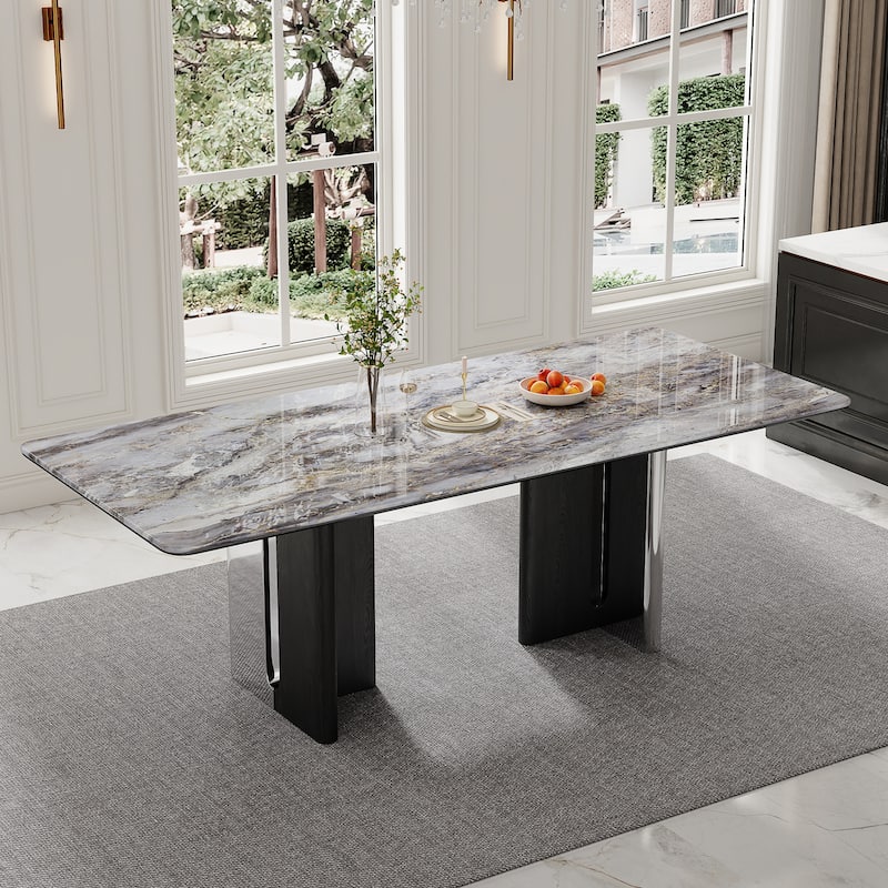 Modern 78.7" Dining Table, Glossy Sintered Stone Top, for 6-8 persons - 78.74"